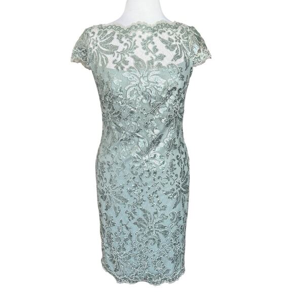 Tadashi Shoji Ice Blue Green Sequin Lace  Cap Sleeve Dress Women’s Size 6 NEW - Picture 1 of 12
